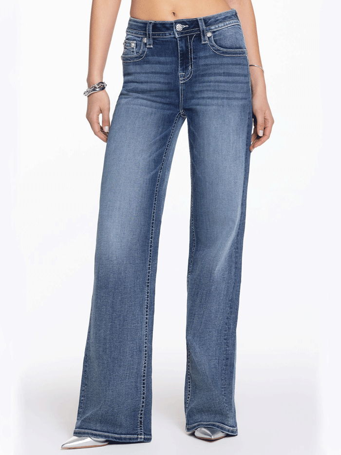 Miss Me H9478W2L Womens Maya Logo Wide Leg High Rise Jeans Medium Wash back pocket close up. If you need any assistance with this item or the purchase of this item please call us at five six one seven four eight eight eight zero one Monday through Saturday 10:00a.m EST to 8:00 p.m EST
