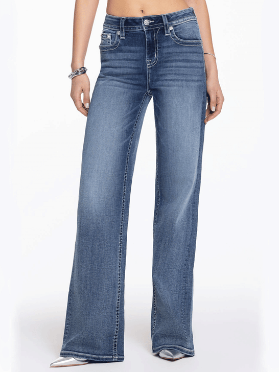 Miss Me H9478W2L Womens Maya Logo Wide Leg High Rise Jeans Medium Wash front view. If you need any assistance with this item or the purchase of this item please call us at five six one seven four eight eight eight zero one Monday through Saturday 10:00a.m EST to 8:00 p.m EST