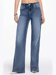 Miss Me H9478W2L Womens Maya Logo Wide Leg High Rise Jeans Medium Wash front view. If you need any assistance with this item or the purchase of this item please call us at five six one seven four eight eight eight zero one Monday through Saturday 10:00a.m EST to 8:00 p.m EST