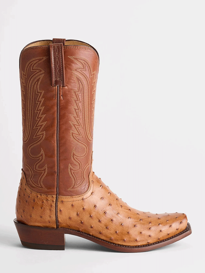 Lucchese N1156.73 Mens LUKE Full Quill Ostrich Western Boots Barnwood Tan front and side view. If you need any assistance with this item or the purchase of this item please call us at five six one seven four eight eight eight zero one Monday through Saturday 10:00a.m EST to 8:00 p.m EST