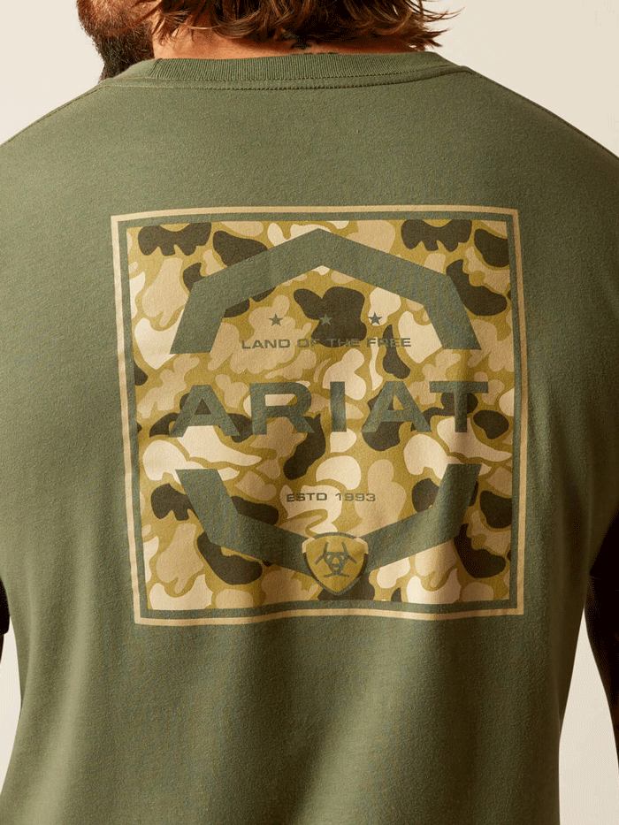 Ariat 10052574 Mens Duck T-Shirt Surplus Green back view. If you need any assistance with this item or the purchase of this item please call us at five six one seven four eight eight eight zero one Monday through Saturday 10:00a.m EST to 8:00 p.m EST