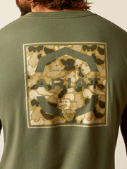 Ariat 10052574 Mens Duck T-Shirt Surplus Green back close up view. If you need any assistance with this item or the purchase of this item please call us at five six one seven four eight eight eight zero one Monday through Saturday 10:00a.m EST to 8:00 p.m EST