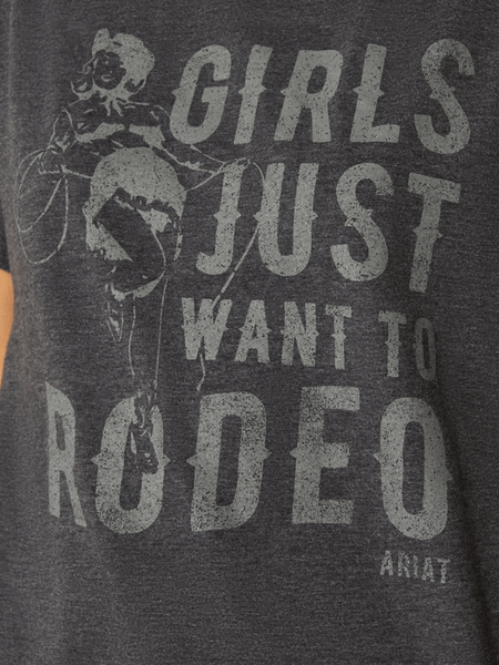 Ariat 10058879 Womens Rodeo Girls T-Shirt Charcoal Heather front graphic close up. If you need any assistance with this item or the purchase of this item please call us at five six one seven four eight eight eight zero one Monday through Saturday 10:00a.m EST to 8:00 p.m EST