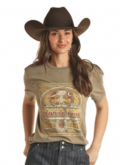 Rock & Roll Denim BU21T03094 Unisex Dale Graphic Tee Olive front view on female model. If you need any assistance with this item or the purchase of this item please call us at five six one seven four eight eight eight zero one Monday through Saturday 10:00a.m EST to 8:00 p.m EST