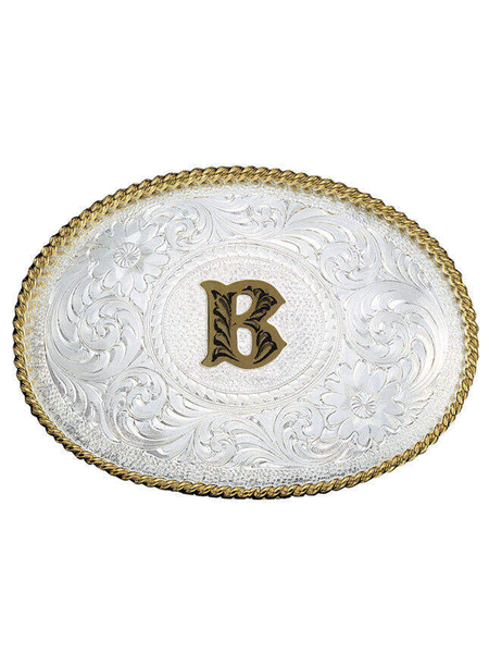Montana Silversmiths 700 Initial Silver Engraved Gold Trim Western Belt Buckle letter B front view. If you need any assistance with this item or the purchase of this item please call us at five six one seven four eight eight eight zero one Monday through Saturday 10:00a.m EST to 8:00 p.m EST