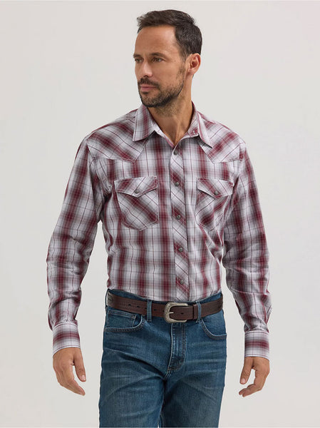 Wrangler 112356576 Mens 20X Competition Western Plaid Shirt Variegated Gray Wine front view. If you need any assistance with this item or the purchase of this item please call us at five six one seven four eight eight eight zero one Monday through Saturday 10:00a.m EST to 8:00 p.m EST