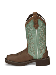 Justin GY2904 Womens RAYA Water Buffalo Western Boot Distressed Brown inner side view. If you need any assistance with this item or the purchase of this item please call us at five six one seven four eight eight eight zero one Monday through Saturday 10:00a.m EST to 8:00 p.m EST