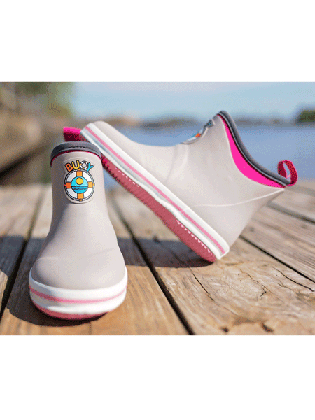 Buoy BB104 Kids Rubber Boots Grey And Pink front and side view. If you need any assistance with this item or the purchase of this item please call us at five six one seven four eight eight eight zero one Monday through Saturday 10:00a.m EST to 8:00 p.m EST