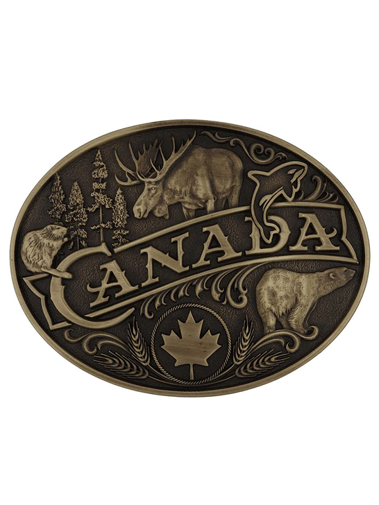 Montana Silversmiths 60811CANC Canadian Heritage Attitude Buckle Brass front view. If you need any assistance with this item or the purchase of this item please call us at five six one seven four eight eight eight zero one Monday through Saturday 10:00a.m EST to 8:00 p.m EST