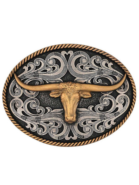 Montana Silversmiths A1015P Two Tone Longhorn Attitude Buckle Antique Silver And Gold front view. If you need any assistance with this item or the purchase of this item please call us at five six one seven four eight eight eight zero one Monday through Saturday 10:00a.m EST to 8:00 p.m EST