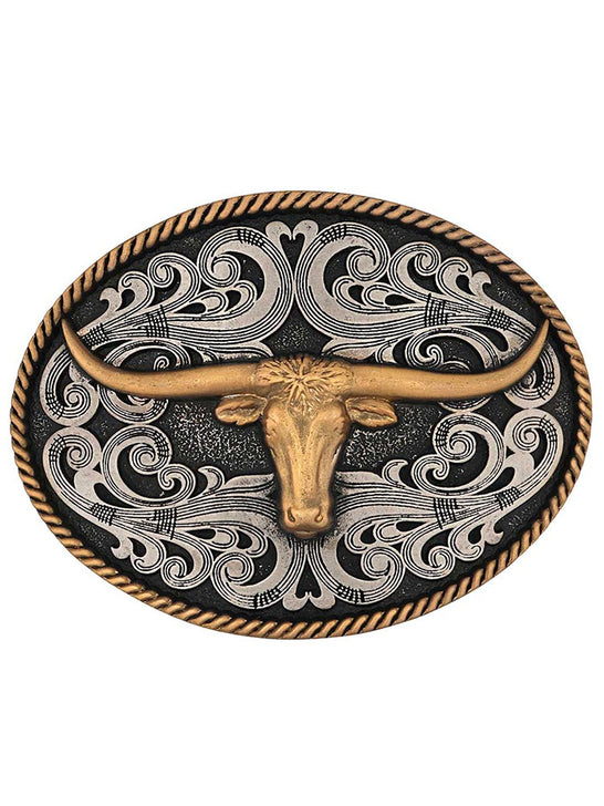Montana Silversmiths A1015P Two Tone Longhorn Attitude Buckle Antique Silver And Gold front view. If you need any assistance with this item or the purchase of this item please call us at five six one seven four eight eight eight zero one Monday through Saturday 10:00a.m EST to 8:00 p.m EST