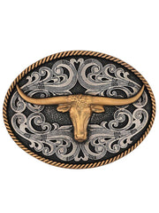 Montana Silversmiths A1015P Two Tone Longhorn Attitude Buckle Antique Silver And Gold front view. If you need any assistance with this item or the purchase of this item please call us at five six one seven four eight eight eight zero one Monday through Saturday 10:00a.m EST to 8:00 p.m EST