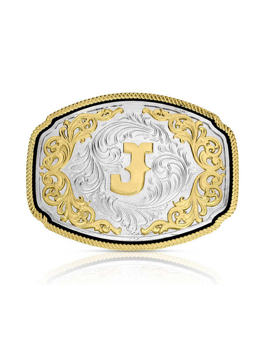 Montana Silversmiths A1047J Western Initial Buckle Silver And Gold front view. If you need any assistance with this item or the purchase of this item please call us at five six one seven four eight eight eight zero one Monday through Saturday 10:00a.m EST to 8:00 p.m EST