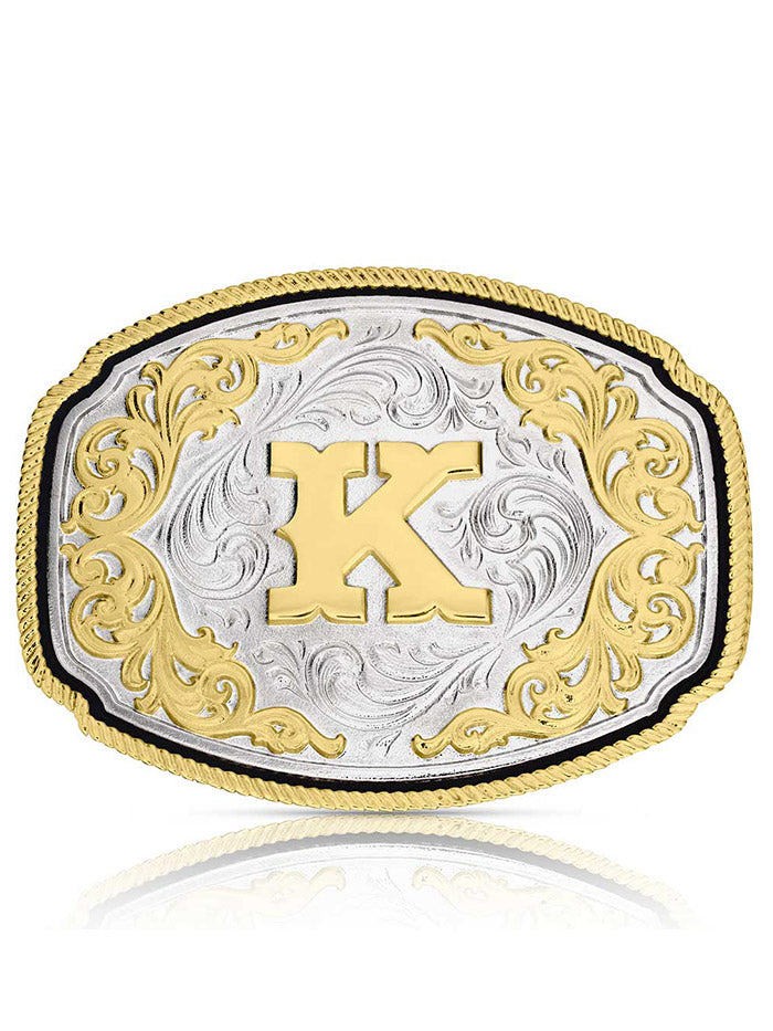 Montana Silversmiths A1047K Western Initial Buckle Silver And Gold front view. If you need any assistance with this item or the purchase of this item please call us at five six one seven four eight eight eight zero one Monday through Saturday 10:00a.m EST to 8:00 p.m EST