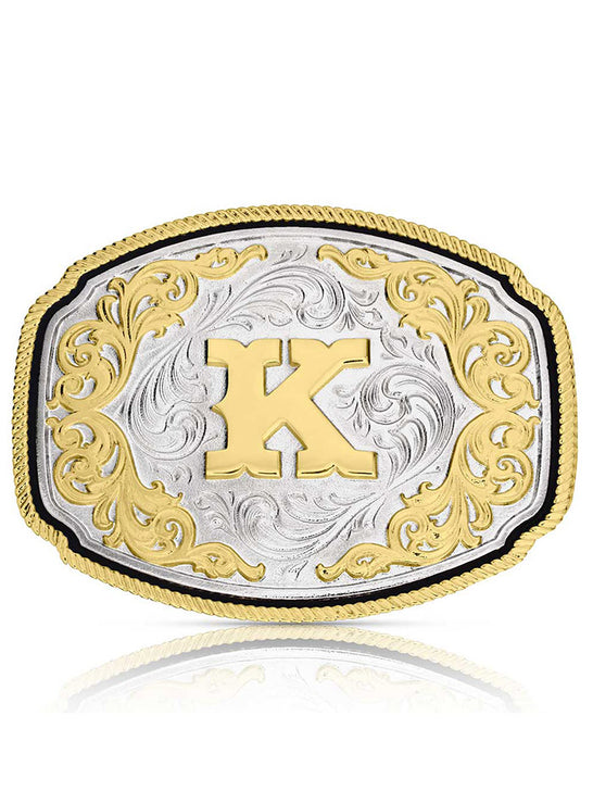 Montana Silversmiths A1047K Western Initial Buckle Silver And Gold front view. If you need any assistance with this item or the purchase of this item please call us at five six one seven four eight eight eight zero one Monday through Saturday 10:00a.m EST to 8:00 p.m EST
