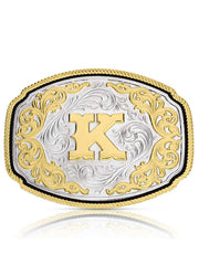 Montana Silversmiths A1047K Western Initial Buckle Silver And Gold front view. If you need any assistance with this item or the purchase of this item please call us at five six one seven four eight eight eight zero one Monday through Saturday 10:00a.m EST to 8:00 p.m EST
