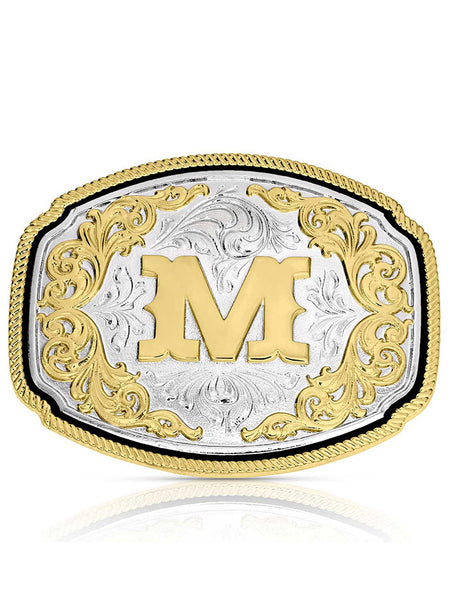 Montana Silversmiths A1047M Western Initial Buckle Silver And Gold front view. If you need any assistance with this item or the purchase of this item please call us at five six one seven four eight eight eight zero one Monday through Saturday 10:00a.m EST to 8:00 p.m EST