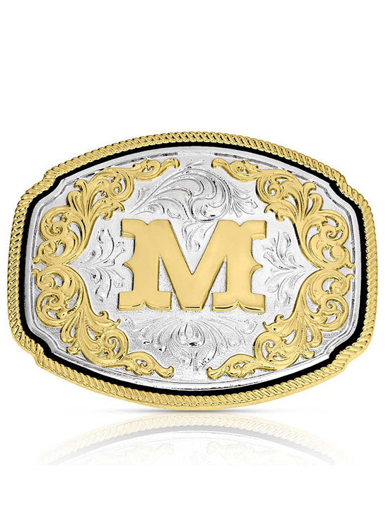 Montana Silversmiths A1047M Western Initial Buckle Silver And Gold front view. If you need any assistance with this item or the purchase of this item please call us at five six one seven four eight eight eight zero one Monday through Saturday 10:00a.m EST to 8:00 p.m EST