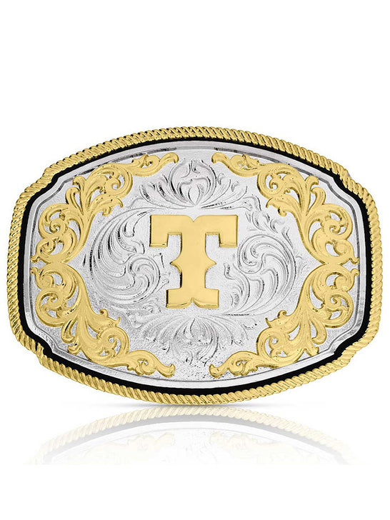 Montana Silversmiths A1047T Western Initial Buckle Silver And Gold front view. If you need any assistance with this item or the purchase of this item please call us at five six one seven four eight eight eight zero one Monday through Saturday 10:00a.m EST to 8:00 p.m EST
