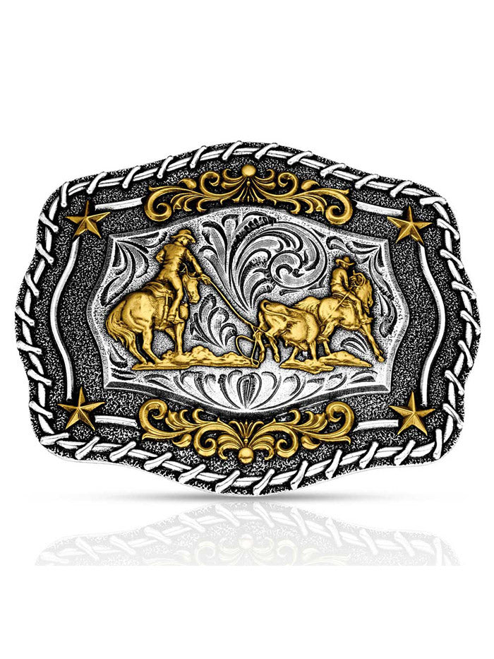 Montana Silversmiths A1061P The Roundup Team Roper Buckle Silver And Gold front view. If you need any assistance with this item or the purchase of this item please call us at five six one seven four eight eight eight zero one Monday through Saturday 10:00a.m EST to 8:00 p.m EST
