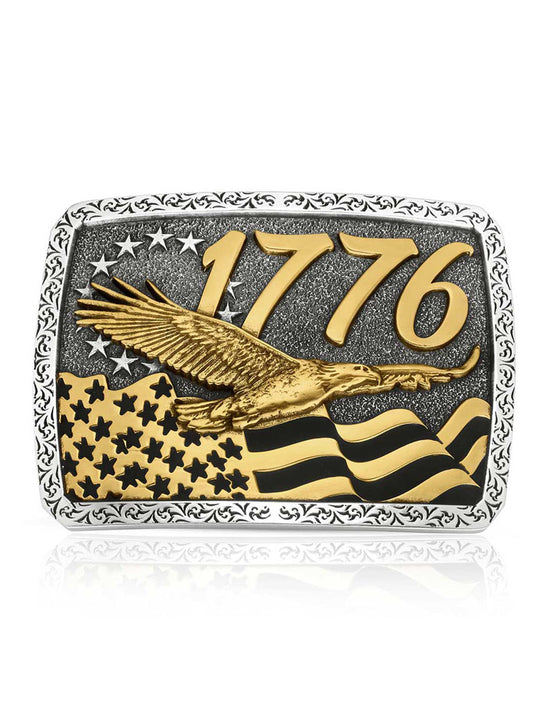 Montana Silversmiths A1062P Independent Since 1776 Buckle Gold And Silver front view. If you need any assistance with this item or the purchase of this item please call us at five six one seven four eight eight eight zero one Monday through Saturday 10:00a.m EST to 8:00 p.m EST
