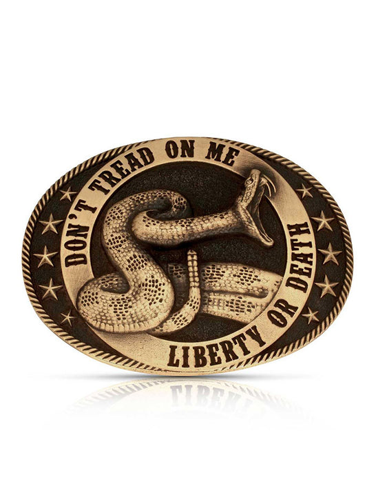 Montana Silversmiths A1064C Liberty Or Death Heritage Buckle Brass front view. If you need any assistance with this item or the purchase of this item please call us at five six one seven four eight eight eight zero one Monday through Saturday 10:00a.m EST to 8:00 p.m EST