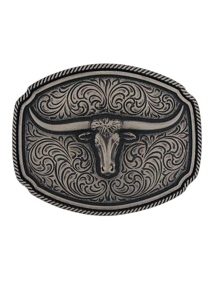 Montana Silversmiths A993S Longhorn Soul Attitude Buckle Silver Grey front view. If you need any assistance with this item or the purchase of this item please call us at five six one seven four eight eight eight zero one Monday through Saturday 10:00a.m EST to 8:00 p.m EST