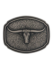 Montana Silversmiths A993S Longhorn Soul Attitude Buckle Silver Grey front view. If you need any assistance with this item or the purchase of this item please call us at five six one seven four eight eight eight zero one Monday through Saturday 10:00a.m EST to 8:00 p.m EST