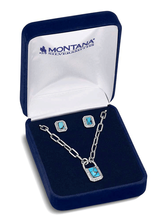 Montana Silversmiths JS6372 Womens Turquoise Glam Jewelry Set Silver in box. If you need any assistance with this item or the purchase of this item please call us at five six one seven four eight eight eight zero one Monday through Saturday 10:00a.m EST to 8:00 p.m EST