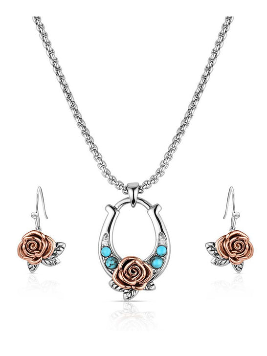 Montana Silversmiths JS6469 Womens Ride for the Roses Jewelry Set Silver front view. If you need any assistance with this item or the purchase of this item please call us at five six one seven four eight eight eight zero one Monday through Saturday 10:00a.m EST to 8:00 p.m EST
