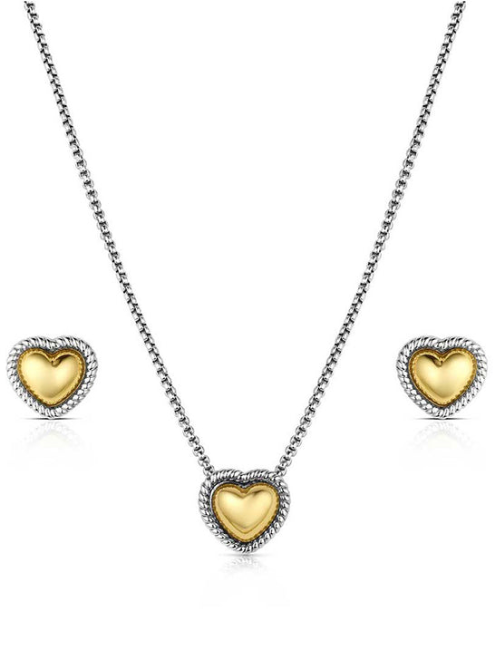 Montana Silversmiths JS6473 Womens Trio Of Hearts Jewelry Set Silver And Gold front view. If you need any assistance with this item or the purchase of this item please call us at five six one seven four eight eight eight zero one Monday through Saturday 10:00a.m EST to 8:00 p.m EST