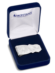 Montana Silversmiths MCL6333GNF Trail Boss Money Clip Silver in box. If you need any assistance with this item or the purchase of this item please call us at five six one seven four eight eight eight zero one Monday through Saturday 10:00a.m EST to 8:00 p.m EST