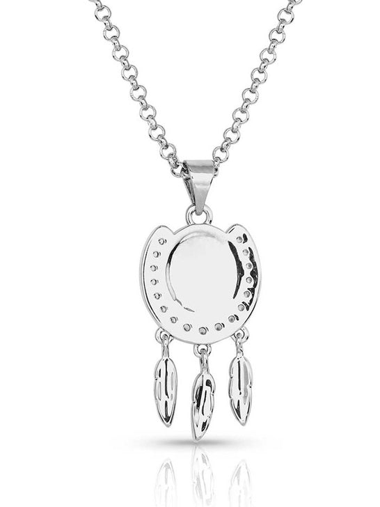 Montana Silversmiths NC5722 Womens Catching Luck Horseshoe Necklace Silver back view. If you need any assistance with this item or the purchase of this item please call us at five six one seven four eight eight eight zero one Monday through Saturday 10:00a.m EST to 8:00 p.m EST