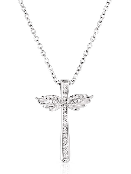 Montana Silversmiths NC6125 Womens Wings of Faith Cross Necklace Silver front view. If you need any assistance with this item or the purchase of this item please call us at five six one seven four eight eight eight zero one Monday through Saturday 10:00a.m EST to 8:00 p.m EST