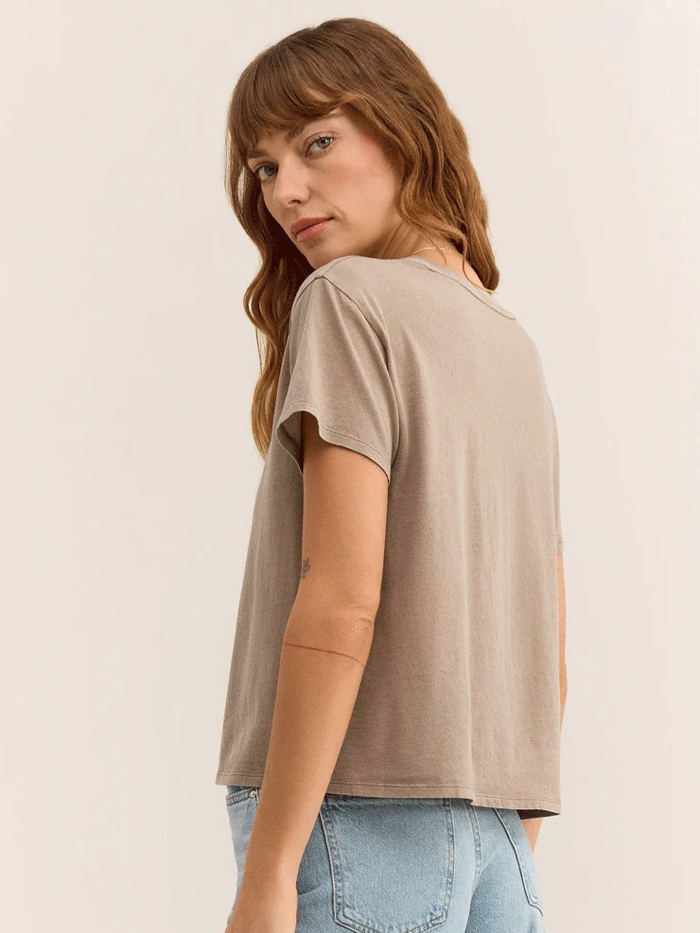 Z Supply ZT241208 Womens Go To Tee Iced Coffee Tan front view tucked in. If you need any assistance with this item or the purchase of this item please call us at five six one seven four eight eight eight zero one Monday through Saturday 10:00a.m EST to 8:00 p.m EST