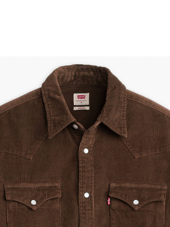 Levis 857450174 Mens Classic Standard Fit Western Shirt Chicory Coffee Brown front open on model. If you need any assistance with this item or the purchase of this item please call us at five six one seven four eight eight eight zero one Monday through Saturday 10:00a.m EST to 8:00 p.m EST