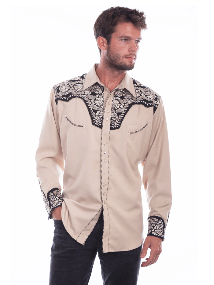 Scully P-634-TAN Mens Floral Tooled Embroidery Western Shirt Tan front view. If you need any assistance with this item or the purchase of this item please call us at five six one seven four eight eight eight zero one Monday through Saturday 10:00a.m EST to 8:00 p.m EST