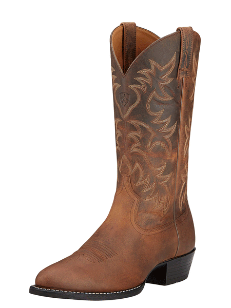 Ariat 10002204 Mens Heritage R Toe Western Boot Distressed Brown front and side view  If you need any assistance with this item or the purchase of this item please call us at five six one seven four eight eight eight zero one Monday through Satuday 10:00 a.m. EST to 8:00 p.m. EST