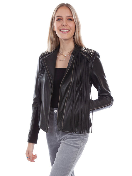 Scully L1064-11 Womens Suede Fringe & Studded Leather Jacket Black front view.  If you need any assistance with this item or the purchase of this item please call us at five six one seven four eight eight eight zero one Monday through Saturday 10:00a.m EST to 8:00 p.m EST