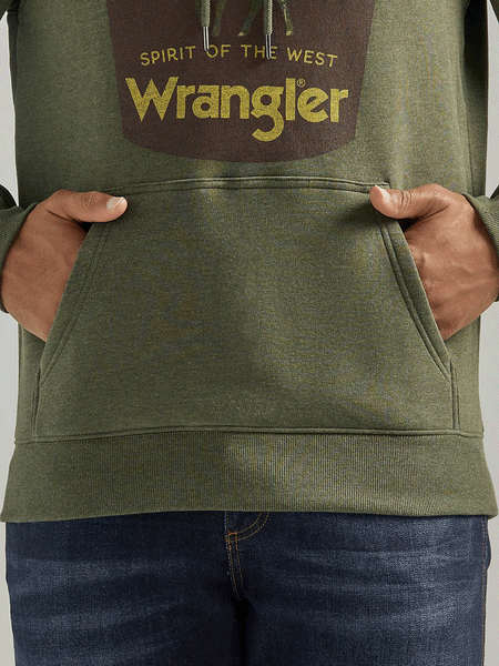 Wrangler 112339644 Mens Front Animal Logo Pullover Hoodie Deep Depths Heather pockets close up view. If you need any assistance with this item or the purchase of this item please call us at five six one seven four eight eight eight zero one Monday through Saturday 10:00a.m EST to 8:00 p.m EST
