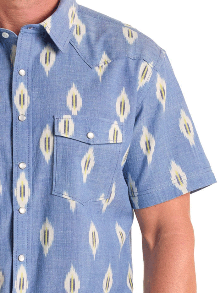 Panhandle PMN3S06561 Mens Ikat Print Short Sleeve Snap Shirt Light Blue front view. If you need any assistance with this item or the purchase of this item please call us at five six one seven four eight eight eight zero one Monday through Saturday 10:00a.m EST to 8:00 p.m EST
