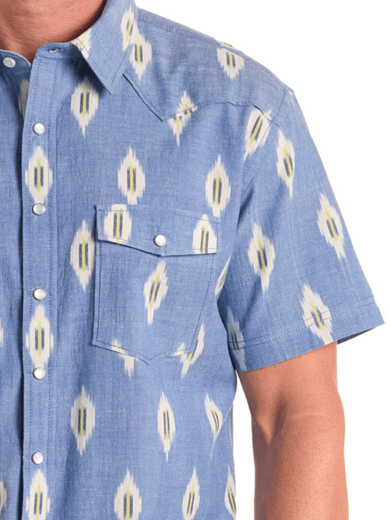 Panhandle PMN3S06561 Mens Ikat Print Short Sleeve Snap Shirt Light Blue front close up. If you need any assistance with this item or the purchase of this item please call us at five six one seven four eight eight eight zero one Monday through Saturday 10:00a.m EST to 8:00 p.m EST
