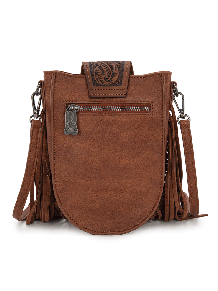 Trinity Ranch TR180-8360BR Womens Genuine Hair On Cowhide Tooled Fringe Crossbody Bag Brown front view. If you need any assistance with this item or the purchase of this item please call us at five six one seven four eight eight eight zero one Monday through Saturday 10:00a.m EST to 8:00 p.m EST

