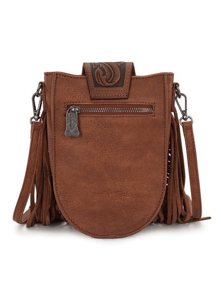 Trinity Ranch TR180-8360BR Womens Genuine Hair On Cowhide Tooled Fringe Crossbody Bag Brown back view. If you need any assistance with this item or the purchase of this item please call us at five six one seven four eight eight eight zero one Monday through Saturday 10:00a.m EST to 8:00 p.m EST

