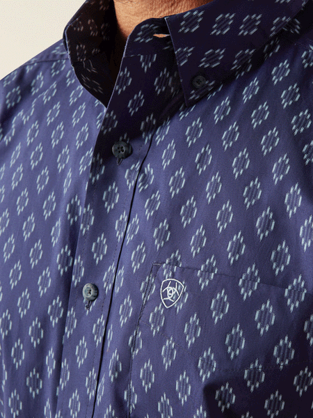 Ariat 10054085 Mens Cade Classic Fit Shirt Navy close up. If you need any assistance with this item or the purchase of this item please call us at five six one seven four eight eight eight zero one Monday through Saturday 10:00a.m EST to 8:00 p.m EST