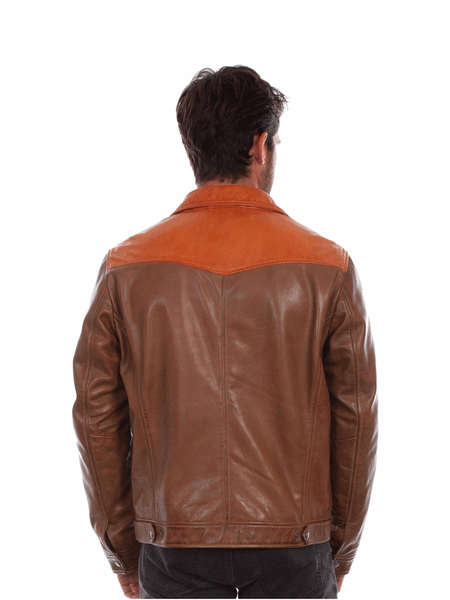 Scully 2018-15 Mens Contrast Leather Jacket Saddle Tan back view. If you need any assistance with this item or the purchase of this item please call us at five six one seven four eight eight eight zero one Monday through Saturday 10:00a.m EST to 8:00 p.m EST 