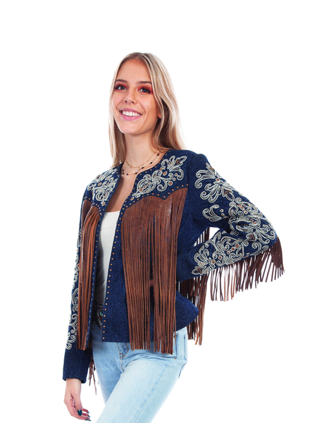 Scully L1073-193 Womens Embroidered Beaded And Studded Fringe Denim Jacket Navy front view. If you need any assistance with this item or the purchase of this item please call us at five six one seven four eight eight eight zero one Monday through Saturday 10:00a.m EST to 8:00 p.m EST