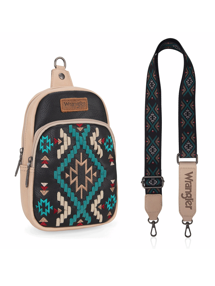 Wrangler WG2214-210BK Womens Southwestern Embroidered Sling Bag Black front. If you need any assistance with this item or the purchase of this item please call us at five six one seven four eight eight eight zero one Monday through Saturday 10:00a.m EST to 8:00 p.m EST

