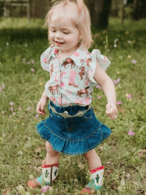 Shea Baby SBD01 Kids Ruffle Denim Skirt Blue front view on little girl