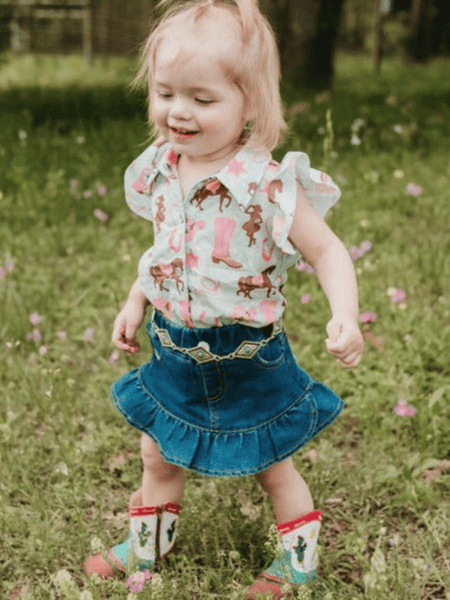 Shea Baby SBD01 Kids Ruffle Denim Skirt Blue front view on toddler